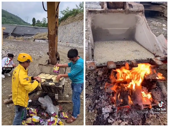 Kreatif! Pekerja Konstruksi Ini Asyik Masak Mie Instan Pakai Eskavator