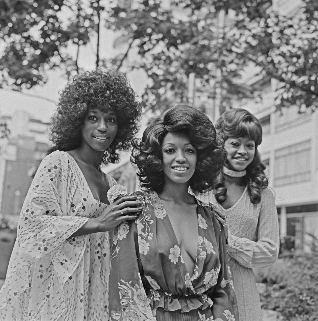 American all-female vocal group The Three Degrees after their record 'When Will I See You Again' reached Number 1 in the UK charts, UK, 16th August 1974. From left to right, they are Fayette Pinkney, Sheila Ferguson and Valerie Holiday.  (Photo by Evening Standard/Hulton Archive/Getty Images)