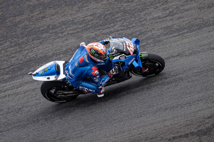 LOMBOK, INDONESIA - MARCH 19: MotoGP rider Alex Rins #42 of Spain and Team SUZUKI ECSTAR rides during the free practice 3 of the MotoGP Grand Prix of Indonesia at Mandalika International Street Circuit on March 19, 2022 in Lombok, Indonesia. (Photo by Robertus Pudyanto/Getty Images)