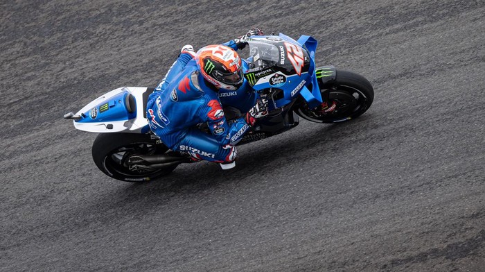 LOMBOK, INDONESIA - MARCH 19: MotoGP rider Alex Rins #42 of Spain and Team SUZUKI ECSTAR rides during the free practice 3 of the MotoGP Grand Prix of Indonesia at Mandalika International Street Circuit on March 19, 2022 in Lombok, Indonesia. (Photo by Robertus Pudyanto/Getty Images)