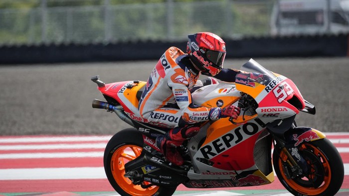 Marc Marquez Spanish rider Marc Marquez of the Repsol Honda team rides his motorbike during second free practice at Pertamina Mandalika Circuit in Mandalika, Lombok Island, Indonesia, Friday, March 18, 2022. (AP Photo/Achmad Ibrahim)