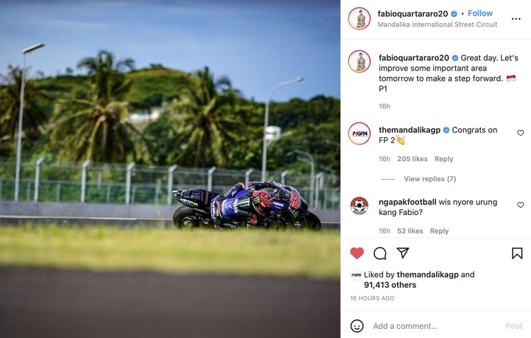 Rider MotoGP melakukan sesi latihan bebas dan berupaya keras menaklukan Sirkuit Mandalika.