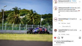 Fabio Quartararo jadi yang tercepat pada sesi latihan bebas yang kedua. Akankah dia naik podium saat series Mandalika ini? Foto: Instagram