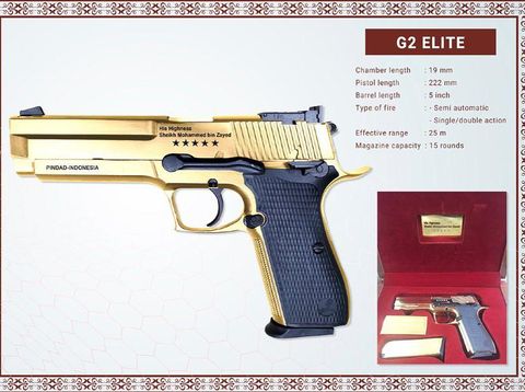 Pistol G2 Elite berlapis emas bertuliskan nama Pangeran MBZ yang diberikan Menhan Prabowo Subianto untuk Putra Mahkota Abu Dhabi, Paduka Yang Mulia Sheikh Mohamed bin Zayed Al Nahyan (MBZ) (Instagram @kemhanri)