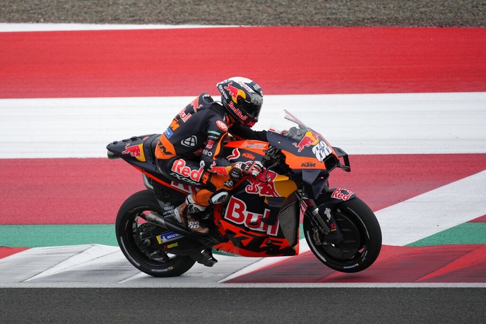 Portuguese rider Miguel Aliveira of Red Bull KTM Factory Racing in action during the third free practice at Pertamina Mandalika Circuit in Mandalika, Lombok Island, Indonesia, Saturday, March 19, 2022. (AP Photo/Achmad Ibrahim)