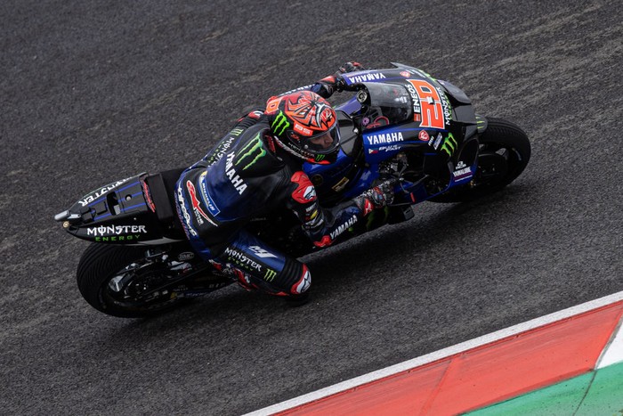 LOMBOK, INDONESIA - MARCH 19: MotoGP rider Fabio Quartararo #20 of France and Monster Energy Yamaha MotoGP™ rides during the free practice 3 of the MotoGP Grand Prix of Indonesia at Mandalika International Street Circuit on March 19, 2022 in Lombok, Indonesia. (Photo by Robertus Pudyanto/Getty Images)