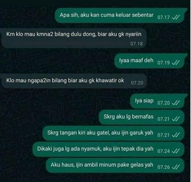 Biar ayang nggak khawatir lagi jadi semua kegiatannya harus dilaporin dulu. Sampai mau mukul nyamuk pun harus laporan. Foto: Instagram/@awreceh.id