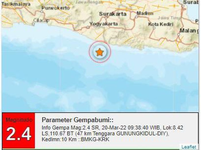 Gempa M 2,4 di Gunungkidul, Minggu (20/3/2022).
