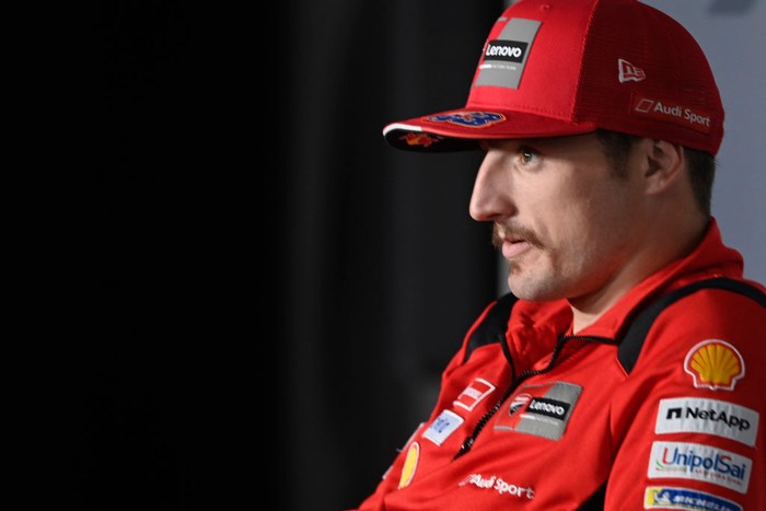 LAGOA, ALGARVE, PORTUGAL - NOVEMBER 06: Jack Miller of Australia and Ducati Lenovo Team  speaks during the press conference at the end of the qualifying practice during the MotoGP Of Portugal - Qualifying on November 06, 2021 in Lagoa, Algarve, Faro. (Photo by Mirco Lazzari gp/Getty Images)
