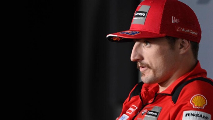 LAGOA, ALGARVE, PORTUGAL - NOVEMBER 06: Jack Miller of Australia and Ducati Lenovo Team  speaks during the press conference at the end of the qualifying practice during the MotoGP Of Portugal - Qualifying on November 06, 2021 in Lagoa, Algarve, Faro. (Photo by Mirco Lazzari gp/Getty Images)