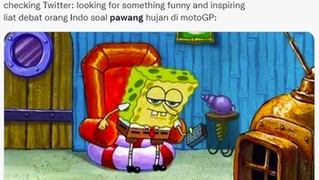 Perdebatan panjang lebar dan pro-kontra soal pawang hujan, bikin Spongebob bosan. Foto: Twitter