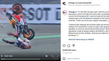 Saya baik-baik saja setelah crash hebat pagi ini. Saya ingin berterima kasih pada tim medis dan rumah sakit Mataram untuk perawatannya. Terima kasih atas semua pesan dukungan kalian, tulis Marc Marquez. Foto: Instagram