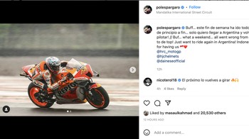 Semuanya tidak ada yang benar. Hanya ingin balapan lagi di Argentina. Terima kasih Indonesia, sebut Pol Espargaro. Foto: Instagram