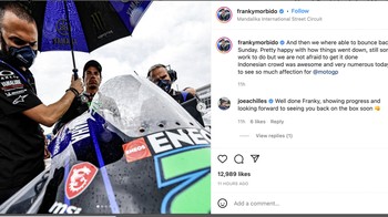 Cukup senang dengan apa yang terjadi, masih ada pekerjaan tapi kami tidak takut merampungkannya. Penonton di Indonesia keren dan sangat banyak. Senang melihat banyak yang suka MotoGP, tulis Franco Morbidelli. Foto: Instagram