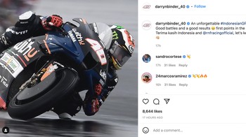 Indonesia GP yang tak terlupakan bagi saya. Balapan dan hasil yang bagus, poin pertama didapat. Terima kasih Indonesia, cetus Darryn Binder. Foto: Instagram
