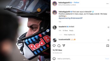 Balapan basah pertama di MotoGP. Weekend yang positif, secara keseluruhan saya senang, cetus Fabio Di Giannantonio. Foto: Instagram