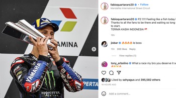 Posisi dua, merasa seperti ikan hari ini, hahaha. Terima kasih pada semua fans yang hadir dan menunggu begitu lama untuk balapan dimulai. Terima kasih Indonesia, tulis Fabio Quartararo. Foto: Instagram