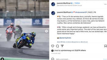 Setelah minggu yang berat dan aneh, kami meraup beberapa poin penting. Kami meninggalkan Indonesia dengan gembira, sebut Joan Mir. Foto: Instagram