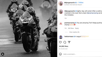 Hari kami akan tiba. Setelah minggu yang solid, kami malah crash. Sori tim, kami akan belajar dari kesalahan, cetus Jorge Martin. Foto: Instagram