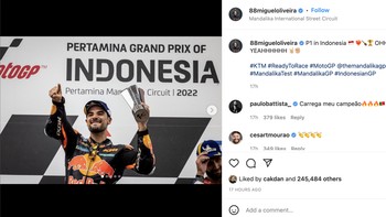 Miguel Oliviera sang jawara berkomentar singkat, Ohh yeahhh. Foto: Instagram