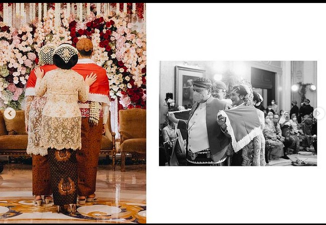 Lanjut ke ritual sindur binayang, Chairul Tanjung menuntun Guinandra dan Putri berjalan ke singgahsana pelaminan dengan kain sindur atau slindur berwarna merah yang telah disampirkan oleh Ibu Anita. Sindur binayang menjadi simbol tuntunan orangtua dan anak senantiasa mendengarkan nasihat orangtuanya. (Foto: Dok. Morden)