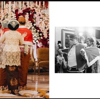 Lanjut ke ritual sindur binayang, Chairul Tanjung menuntun Guinandra dan Putri berjalan ke singgahsana pelaminan dengan kain sindur atau slindur berwarna merah yang telah disampirkan oleh Ibu Anita. Sindur binayang menjadi simbol tuntunan orangtua dan anak senantiasa mendengarkan nasihat orangtuanya. (Foto: Dok. Morden)