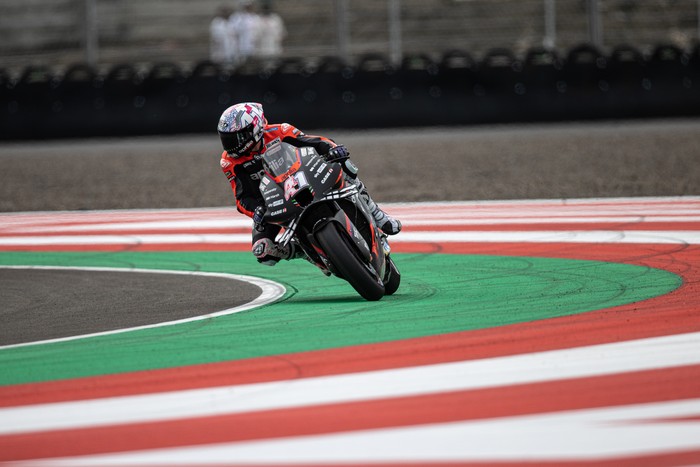 LOMBOK, INDONESIA - MARCH 19: MotoGP rider Aleix Espargaro #41 of Spain and Aprilia Racing competes during the qualifying round of the MotoGP Grand Prix of Indonesia at Mandalika International Street Circuit on March 19, 2022 in Lombok, Indonesia. (Photo by Robertus Pudyanto/Getty Images)