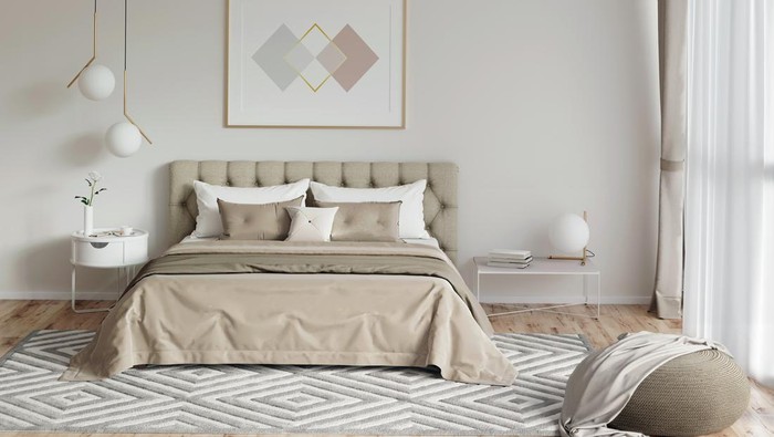 3d illustration. Cozy bedroom in warm colors with painting, a nightstand, a pouf, and a plaid. Front view
