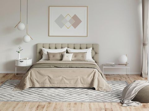 Ilustrasi kamar tidur 3d illustration. Cozy bedroom in warm colors with painting, a nightstand, a pouf, and a plaid. Front view