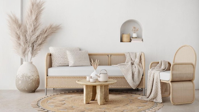 Boho style living room with wicker chair,sofa,table and pampas in the pot on white wall background.3d rendering