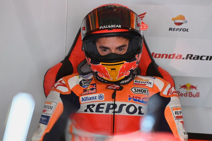 PORTIMAO, PORTUGAL - APRIL 16: Marc Marquez of Spain and Repsol Honda Honda looks on in box during the MotoGP of Portugal - Free Practice at Autodromo Internacional Do Algarve on April 16, 2021 in Portimao, Portugal. (Photo by Mirco Lazzari gp/Getty Images)