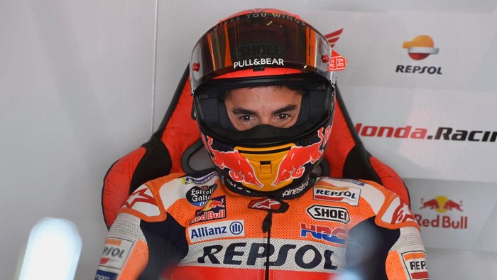 PORTIMAO, PORTUGAL - APRIL 16: Marc Marquez of Spain and Repsol Honda Honda looks on in box during the MotoGP of Portugal - Free Practice at Autodromo Internacional Do Algarve on April 16, 2021 in Portimao, Portugal. (Photo by Mirco Lazzari gp/Getty Images)