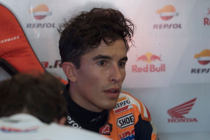 MISANO ADRIATICO, ITALY - SEPTEMBER 18: Marc Marquez of Spain and Repsol Honda Team speaks in box during the qualifying practice during the MotoGP Of San Marino - Qualifying at Misano World Circuit on September 18, 2021 in Misano Adriatico, Italy. (Photo by Mirco Lazzari gp/Getty Images)