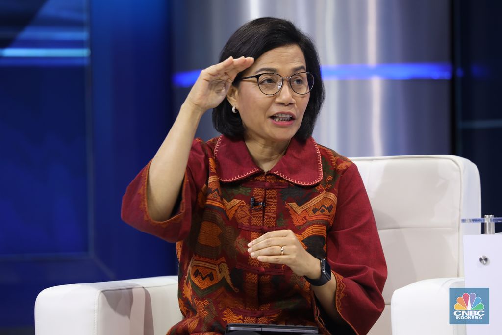 Menteri Keuangan Sri Mulyani di acara CNBC Indonesia Economic Outlook, Selasa (22/3). (CNBC Indonesia/Tri Susilo))