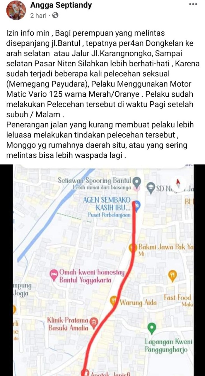 Unggahan mengenai isu begal payudara di Bantul.