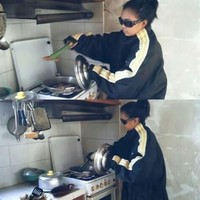 Demi bisa terhindar dari cipratan-cipratan minyak, emak-emak yang satu ini sampai menggunakan jaket yang menutupi seluruh badannya dan juga kaca mata hitam. Gapapa deh, yang penting aman. Foto: Instagram.com/humorsantuy