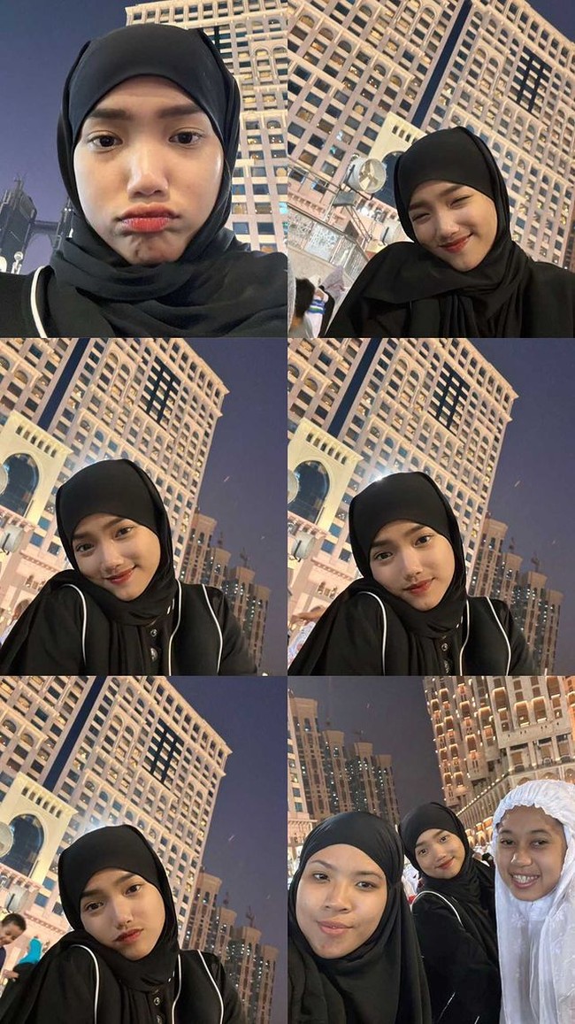 Fuji merasa terharu dan mengunggah foto selfie saat berada di Tanah Suci dengan berbagai sisi. Mulai dari duck face, tersenyum dan fierce. Fuji terlihat memakai pashmina dan busana serba hitam.  Foto: Dok. Instagram @fuji_an.