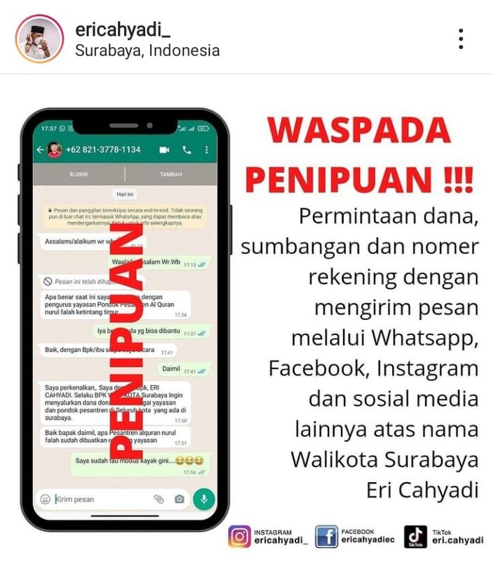 Nama Wali Kota Surabaya dicatut untuk modus penipuan