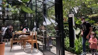 Tempat ngopi dengan dinding kaca di bawah pohon rindang membuat suasana sangat dekat dengan alam. Bikin betah berlama-lama ngobrol tanpa gadget.