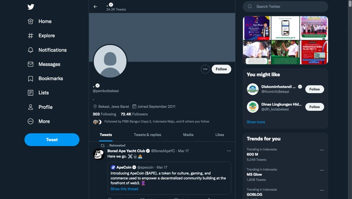 Akun Twitter Pemkot Bekasi diduga diretas. Belum diketahui pihak yang melakukan pembajakan terhadap akun Twitter Pemkot Bekasi. (Screenshot Twitter @pemkotbekasi)