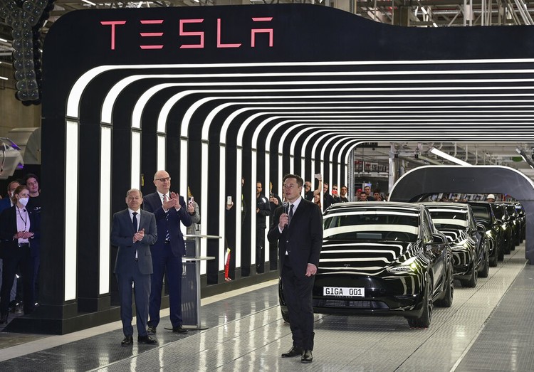 The construction site of the new Tesla Gigafactory for electric cars is pictured in Gruenheide near Berlin, Germany, Friday, March 18, 2022. (AP Photo/Michael Sohn)