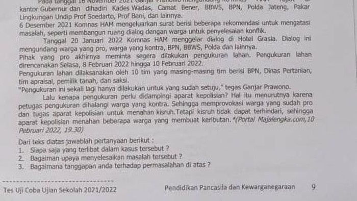 Konflik Wadas muncul di soal PPKn SMP Purworejo.