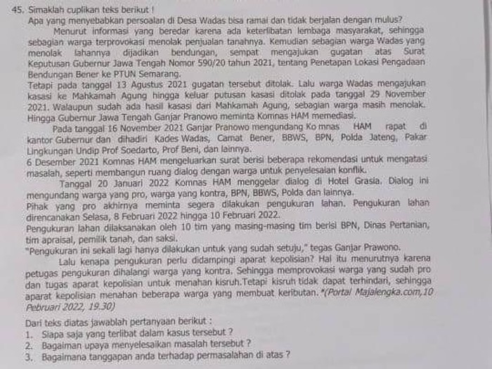 Konflik Wadas muncul di soal PPKn SMP Purworejo.
