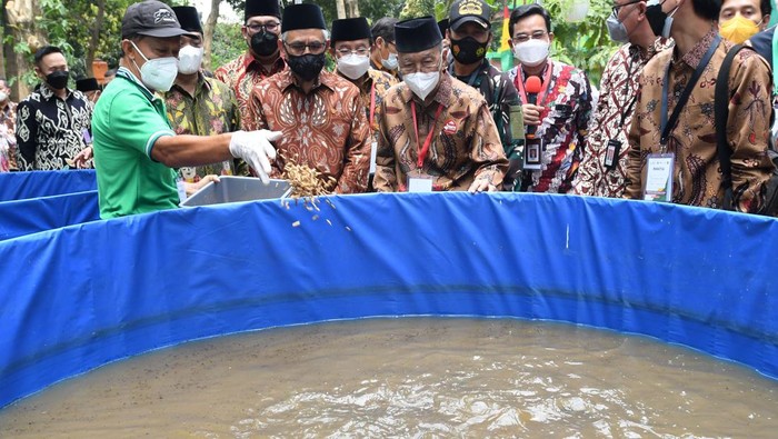 Ketua Dewan Komisioner Otoritas Jasa Keuangan (OJK) Wimboh Santoso (kelima kiri) bersama Wakil Gubernur DKI Jakarta Ahmad Riza Patria (ketiga kiri) dan Ketua Umum Pesantren Modern Pondok Karya Pembangunan KH. Amidhan (kelima kanan) meninjau peternakan lele dan ulat maggot yang dikelola Bank Wakaf Mikro Pondok Karya Pembangunan (BWM PKP) usai peresmian di Ciracas, Jakarta, Kamis (24/3/2022). OJK mendukung perluasan dan pengembangan Bank Wakaf Mikro sebagai bentuk penyediaan akses keuangan dan pemberian pendampingan kepada para pelaku UMKM, khususnya yang berada di lingkungan pondok pesantren. ANTARA FOTO/Aditya Pradana Putra/rwa.
