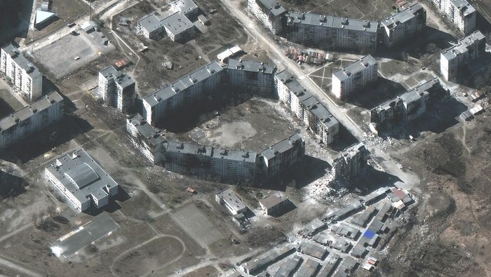 This satellite image provided by Maxar Technologies shows destroyed apartment buildings in Mariupol, Ukraine Tuesday, March 22, 2022. (Satellite image ©2022 Maxar Technologies via AP)