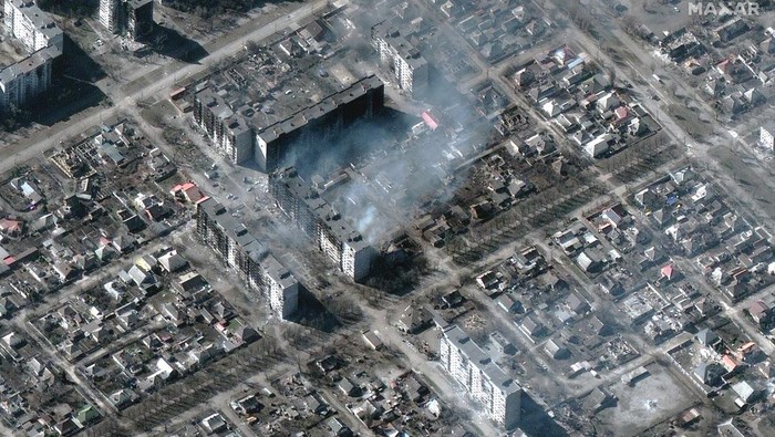This satellite image provided by Maxar Technologies shows destroyed apartment buildings in Mariupol, Ukraine Tuesday, March 22, 2022. (Satellite image ©2022 Maxar Technologies via AP)