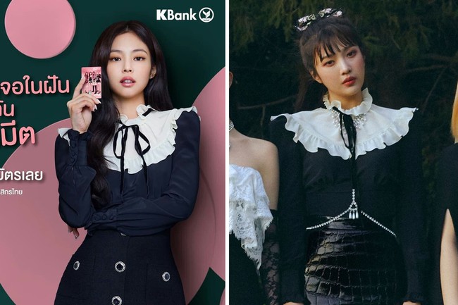 Joy Red Velvet mengenakan Georgette Plastron Blouse keluaran Alessandra Rich dalam video klip ‘Psycho’. Sementara Jennie BLACKPINK memakai atasan seharga Rp 14,5 jutaan itu dalam iklan KBank. Foto: dok KBank, dok SM Entertainment