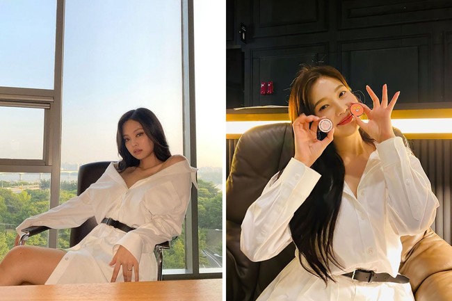 Lewat akun Instagram masing-masing, Jennie BLACKPINK dan Joy Red Velvet memamerkan potretnya memakai White Mini Shirt Dress dari Alexander Wang. Foto: dok Instagram @jennierubyjane, dok Instagram @_imyour_joy