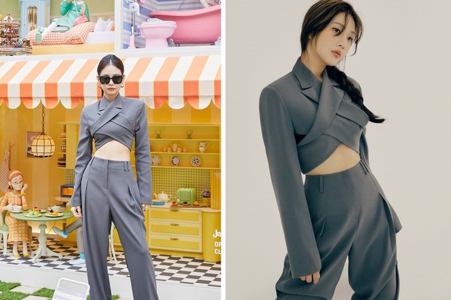 Jennie dan Joy memancarkan aura yang berbeda saat memakai set keluaran Moon Choi. Blazer crop itu bernilai Rp 9,4 jutaan sementara celananya bernilai Rp 7,5 jutaan. Foto: dok. Gentle Monster, dok. Singles