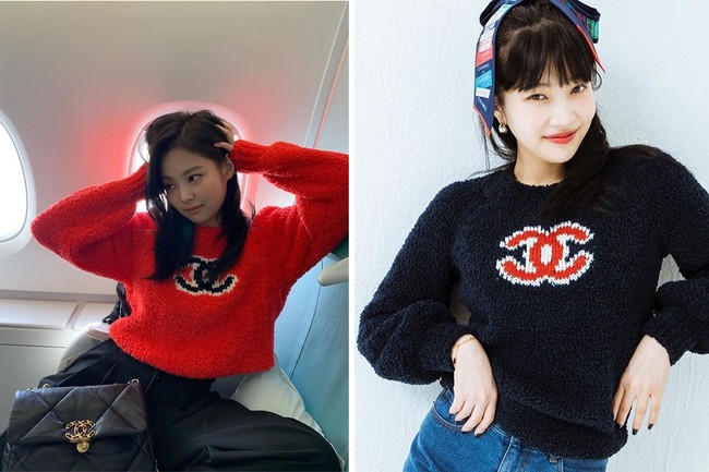 Hanya berbeda warna, keduanya terlihat gemas dalam balutan sweater koleksi Chanel. Jennie memakainya dalam perjalanan pesawat, sementara kekasih Crush memakainya dalam pemotretan. Foto: dok Instagram @jennierubyjane, dok Instagram @_imyour_joy